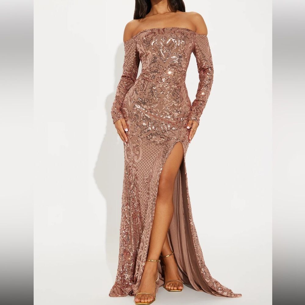 Fashion Nova Sequin Off-Shoulder Maxi Dress in Brown